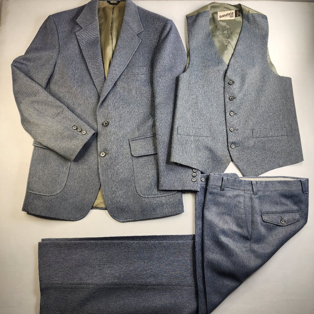 VTG Levis Panatela 3 Piece Suit Mens 42L Jacket Vest 32x32 Pants Gray Green Rare